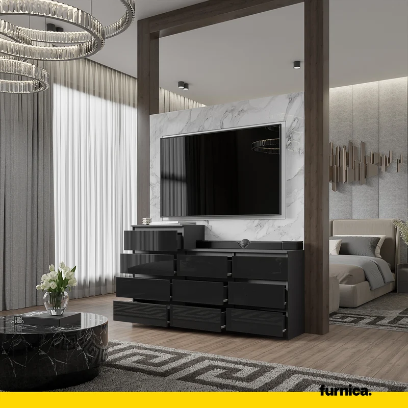 GABRIEL - Commode 10 Tiroirs (6+4) - H92/70 cm L160 cm P33 cm (Anthracite / Noir Brillant)