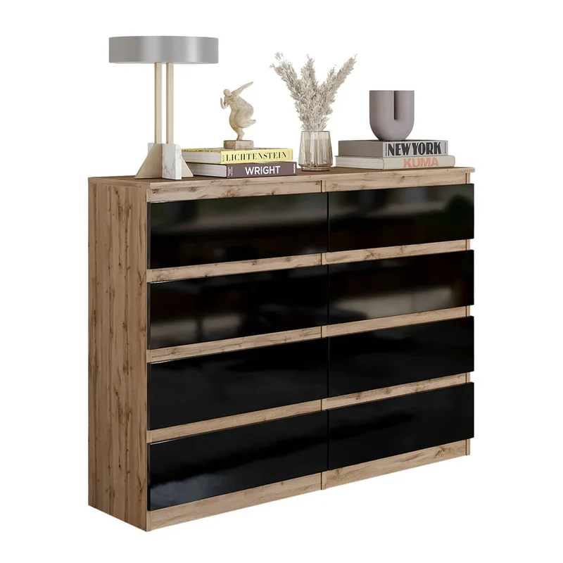 GABRIEL - Commode 8 Tiroirs - Buffet de Chevet - H92 cm L120 cm P33 cm (Chêne Wotan / Noir Brillant)