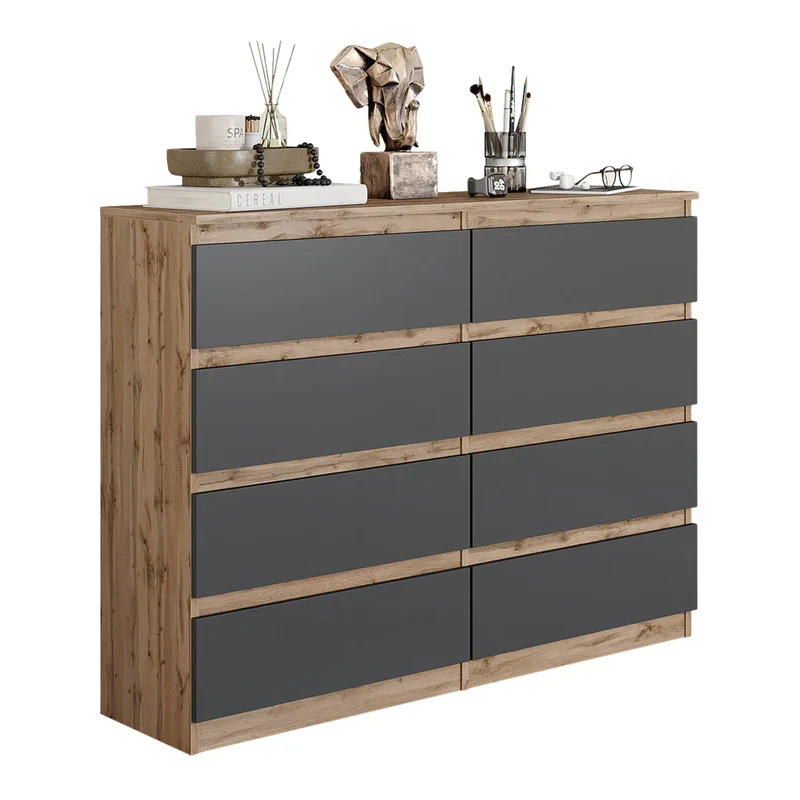 GABRIEL - Commode 8 Tiroirs - Buffet de Chevet - H92 cm L120 cm P33 cm (Chêne Wotan / Anthracite)