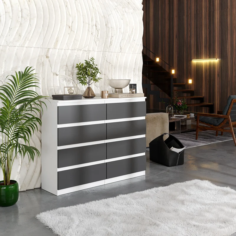 GABRIEL - Commode 8 Tiroirs - Buffet de Chevet - H92 cm L120 cm P33 cm (Blanc Mat / Anthracite)