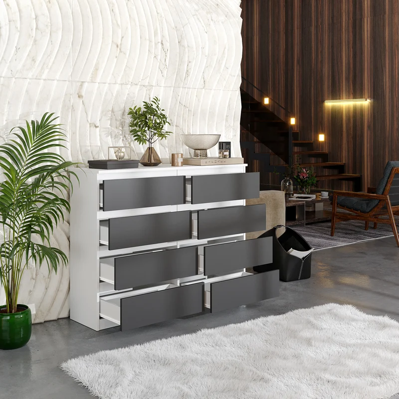 GABRIEL - Commode 8 Tiroirs - Buffet de Chevet - H92 cm L120 cm P33 cm (Blanc Mat / Anthracite)