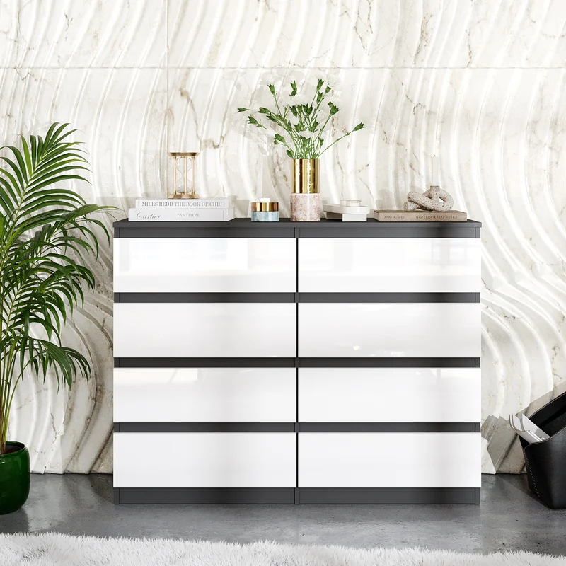 GABRIEL - Commode 8 Tiroirs - Buffet de Chevet - H92 cm L120 cm P33 cm (Anthracite / Blanc Brillant)