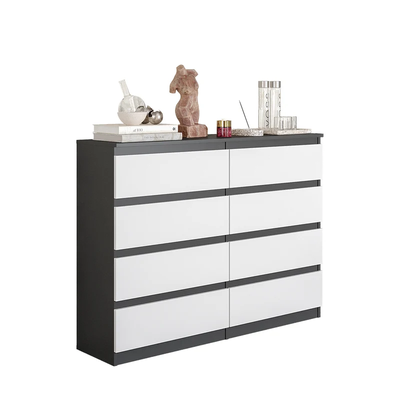 GABRIEL - Commode 8 Tiroirs - Buffet de Chevet - H92 cm L120 cm P33 cm (Anthracite / Blanc Mat)