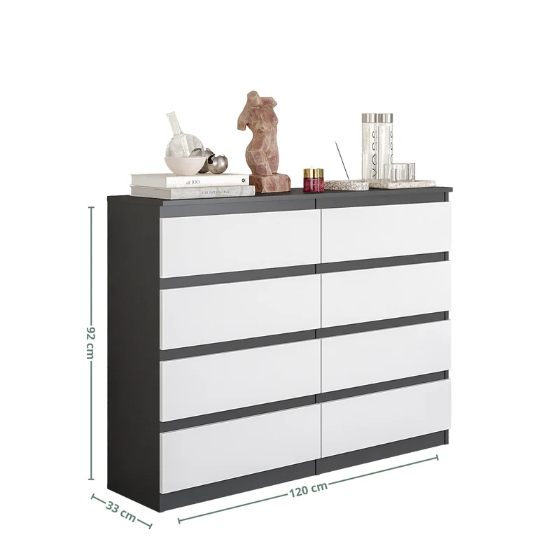 GABRIEL - Commode 8 Tiroirs - Buffet de Chevet - H92 cm L120 cm P33 cm (Anthracite / Blanc Mat)