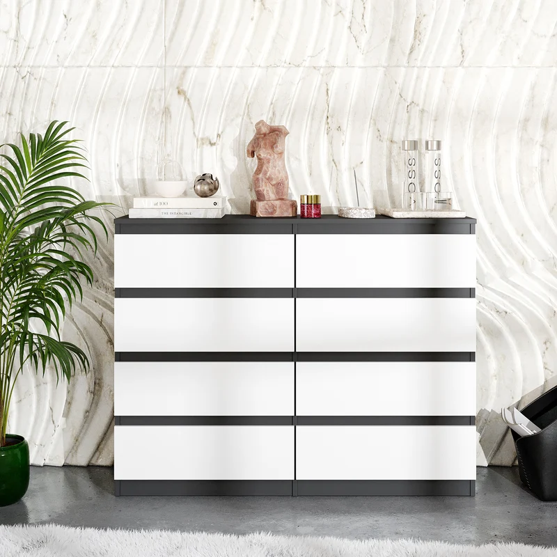 GABRIEL - Commode 8 Tiroirs - Buffet de Chevet - H92 cm L120 cm P33 cm (Anthracite / Blanc Mat)