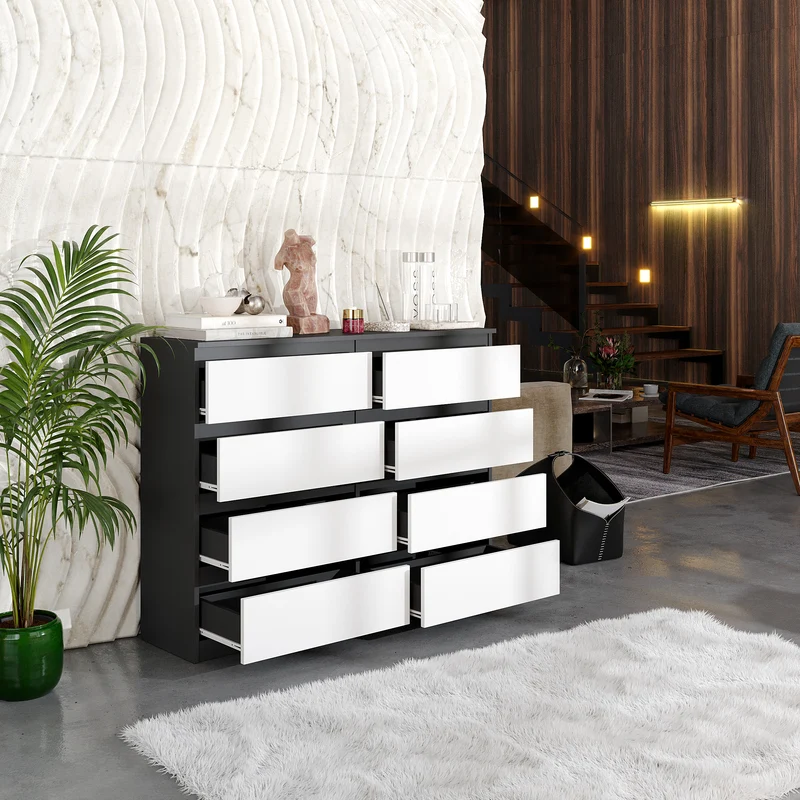 GABRIEL - Commode 8 Tiroirs - Buffet de Chevet - H92 cm L120 cm P33 cm (Anthracite / Blanc Mat)