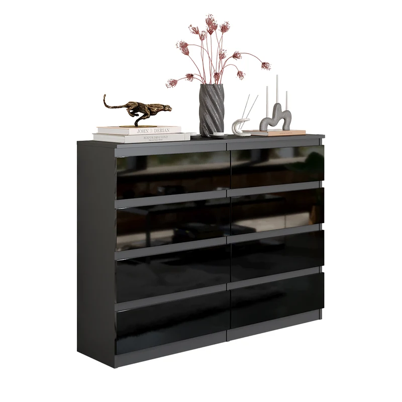 GABRIEL - Commode 8 Tiroirs - Buffet de Chevet - H92 cm L120 cm P33 cm (Anthracite / Noir Brillant)