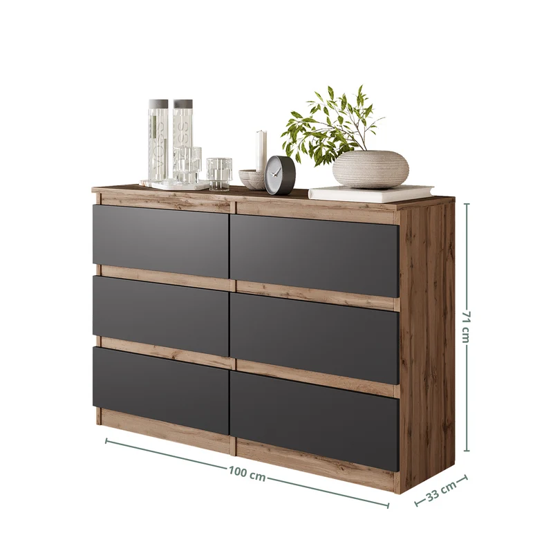 GABRIEL - Commode 6 Tiroirs - Buffet de Chevet - H71 cm L100 cm P33 cm (Chêne Wotan / Anthracite)