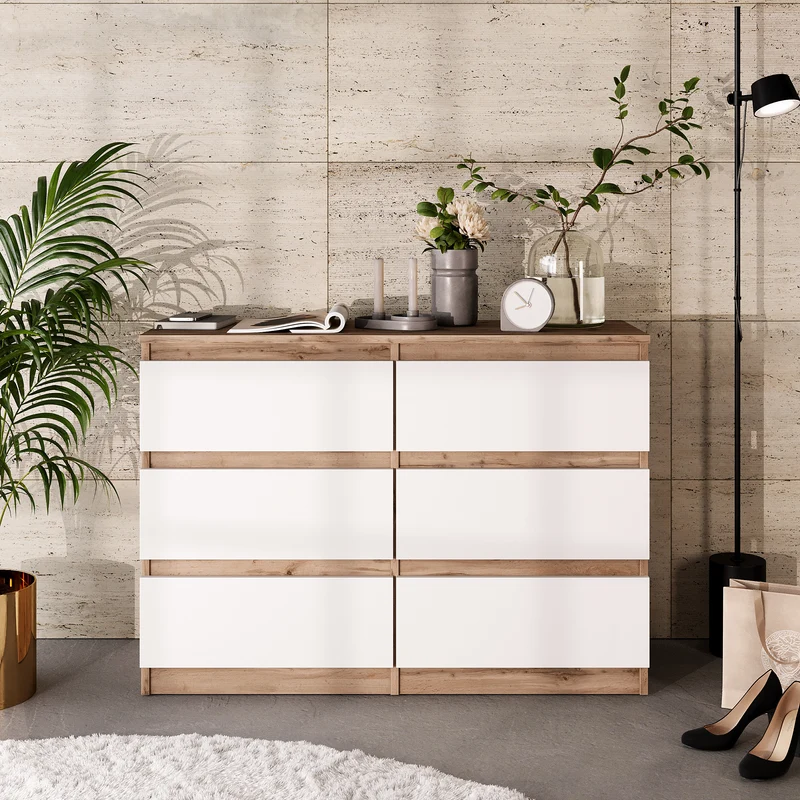 GABRIEL - Commode 6 Tiroirs - Buffet de Chevet - H71 cm L100 cm P33 cm (Chêne Wotan / Blanc Mat)
