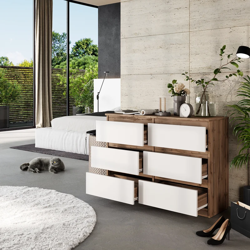 GABRIEL - Commode 6 Tiroirs - Buffet de Chevet - H71 cm L100 cm P33 cm (Chêne Wotan / Blanc Mat)