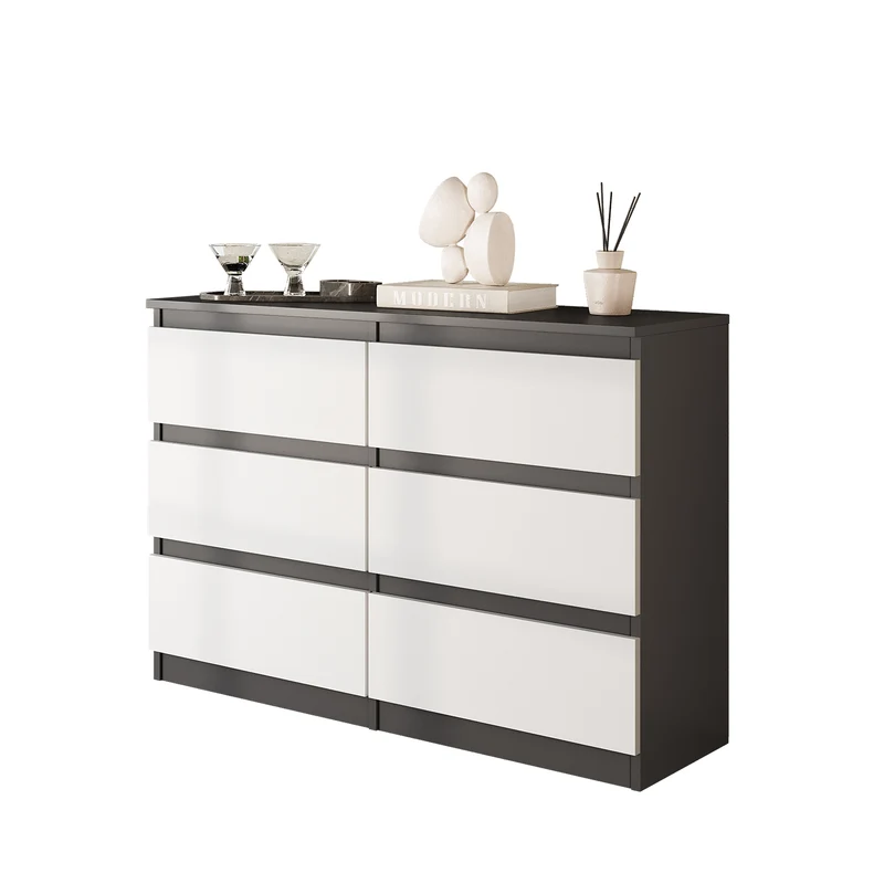 GABRIEL - Commode 6 Tiroirs - Buffet de Chevet - H71 cm L100 cm P33 cm (Anthracite / Blanc Mat)