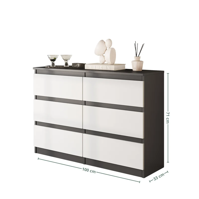 GABRIEL - Commode 6 Tiroirs - Buffet de Chevet - H71 cm L100 cm P33 cm (Anthracite / Blanc Mat)
