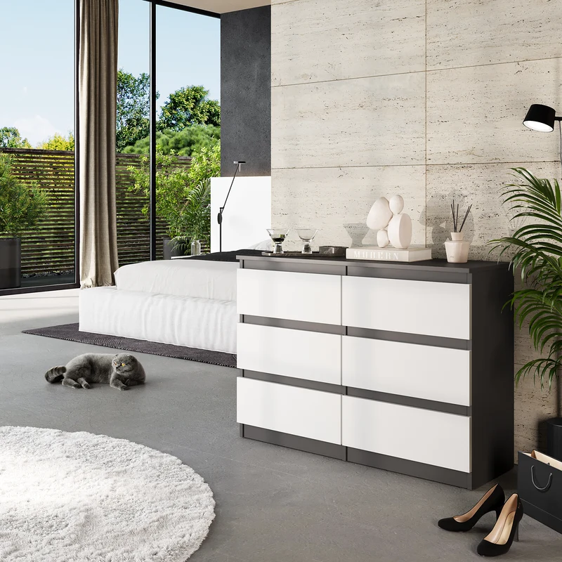 GABRIEL - Commode 6 Tiroirs - Buffet de Chevet - H71 cm L100 cm P33 cm (Anthracite / Blanc Mat)