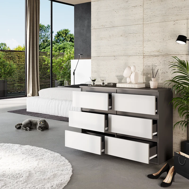 GABRIEL - Commode 6 Tiroirs - Buffet de Chevet - H71 cm L100 cm P33 cm (Anthracite / Blanc Mat)
