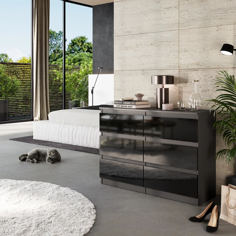 GABRIEL - Commode 6 Tiroirs - Buffet de Chevet - H71 cm L100 cm P33 cm (Anthracite / Noir Brillant)