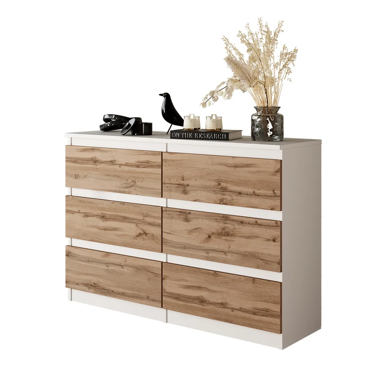 GABRIEL - Commode 6 Tiroirs - Buffet de Chevet - H71 cm L100 cm P33 cm (Blanc Mat / Chêne Wotan)