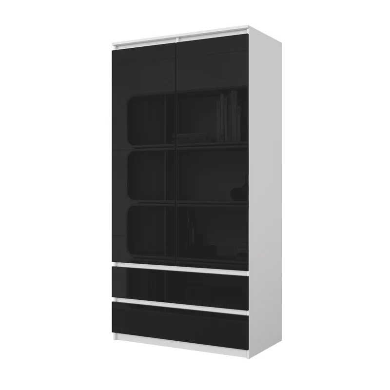 JOELLE - Armoire 2 Portes avec 2 Tiroirs - Blanc Mat / Noir Brillant H180cm L90cm P50cm