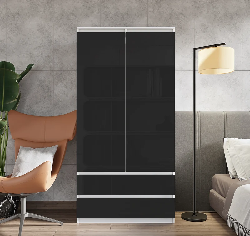 JOELLE - Armoire 2 Portes avec 2 Tiroirs - Blanc Mat / Noir Brillant H180cm L90cm P50cm