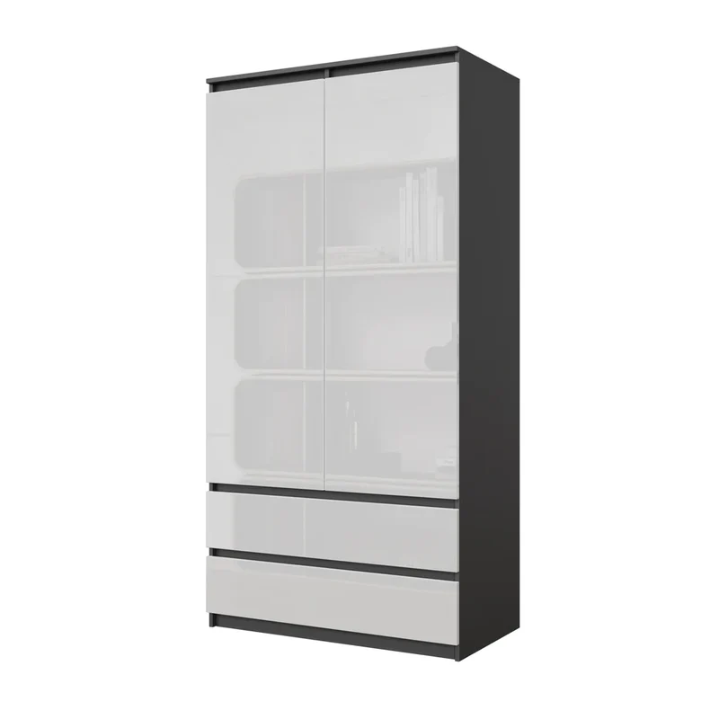 JOELLE - Armoire 2 Portes avec 2 Tiroirs - Anthracite / Blanc Brillant H180cm L90cm P50cm