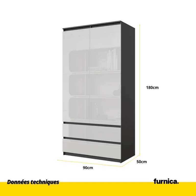 JOELLE - Armoire 2 Portes avec 2 Tiroirs - Anthracite / Blanc Brillant H180cm L90cm P50cm