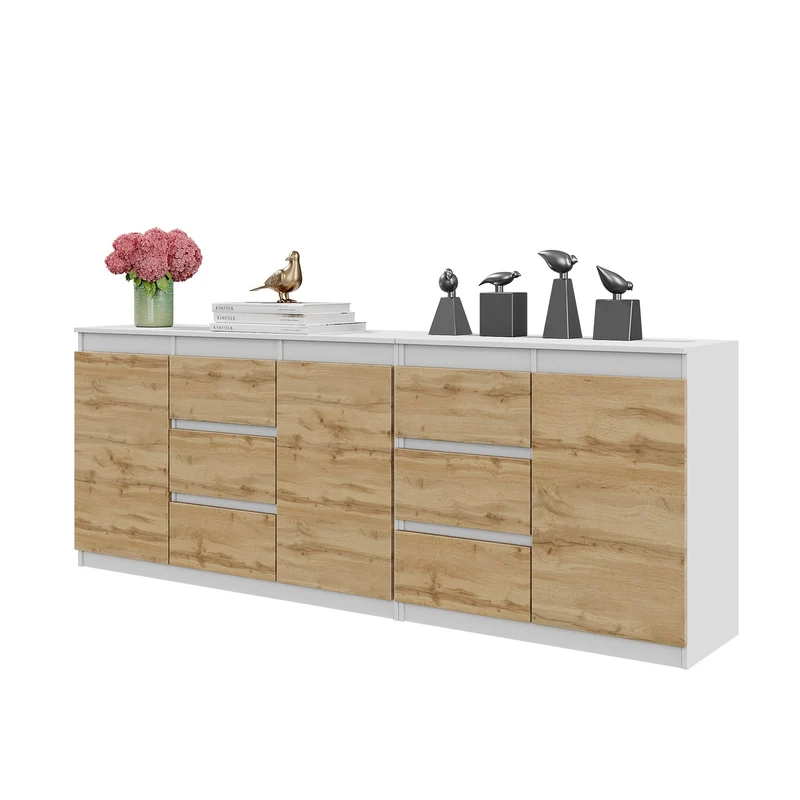 MIKEL - Commode 6 Tiroirs et 3 Portes - Armoire de Rangement pour Couloir / Chambre à Coucher - Buffet - Blanc Mat / Chêne Wotan H75cm L200cm P35cm