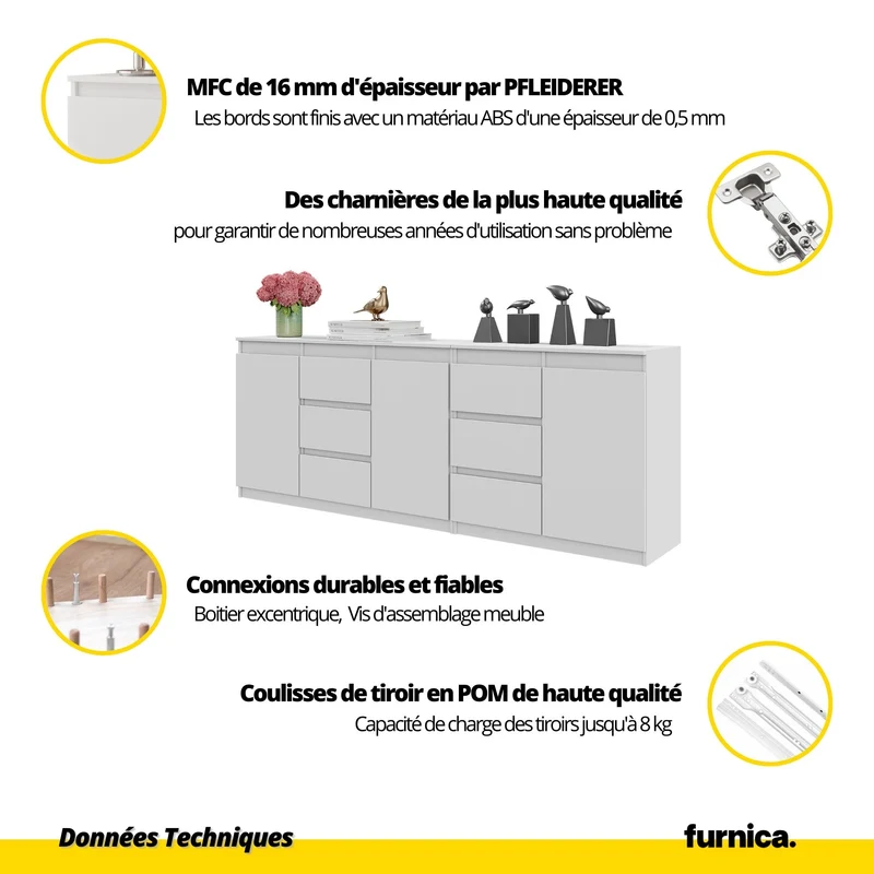 MIKEL - Commode 6 Tiroirs et 3 Portes - Armoire de Rangement pour Couloir / Chambre à Coucher - Buffet - Blanc Mat / Chêne Wotan H75cm L200cm P35cm