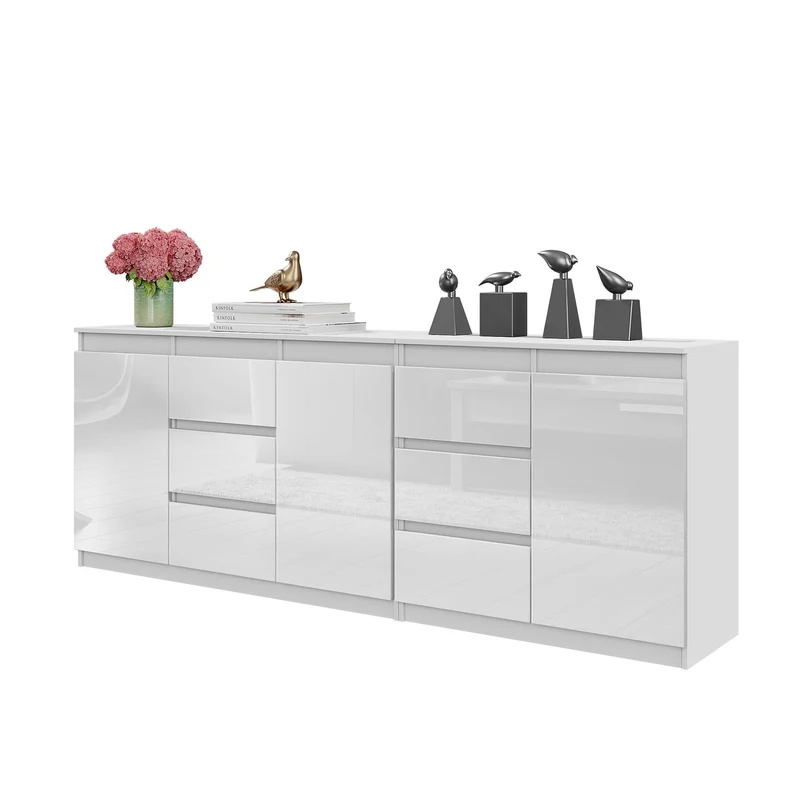 MIKEL - Commode 6 Tiroirs et 3 Portes - Armoire de Rangement pour Couloir / Chambre à Coucher - Buffet - Blanc Mat / Blanc Brillant H75cm L200cm P35cm