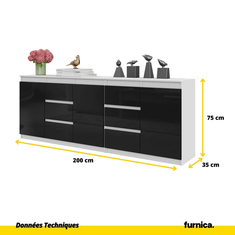 MIKEL - Commode 6 Tiroirs et 3 Portes - Armoire de Rangement pour Couloir / Chambre à Coucher - Buffet - Blanc Mat / Noir Brillant H75cm L200cm P35cm