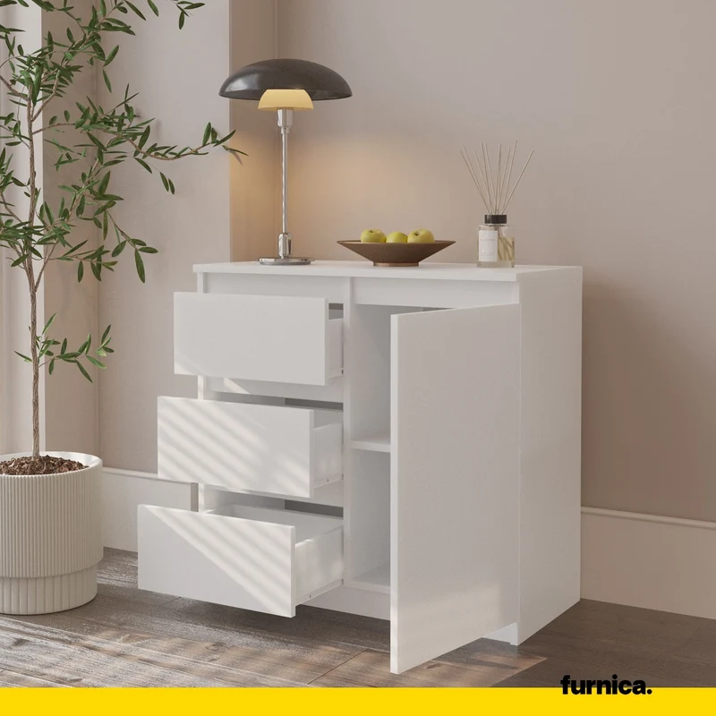 MIKEL - Commode 3 Tiroirs et 1 Porte - Armoire de Rangement pour Couloir/Chambre à Coucher - Buffet - H75cm L80cm P35cm (Blanc)