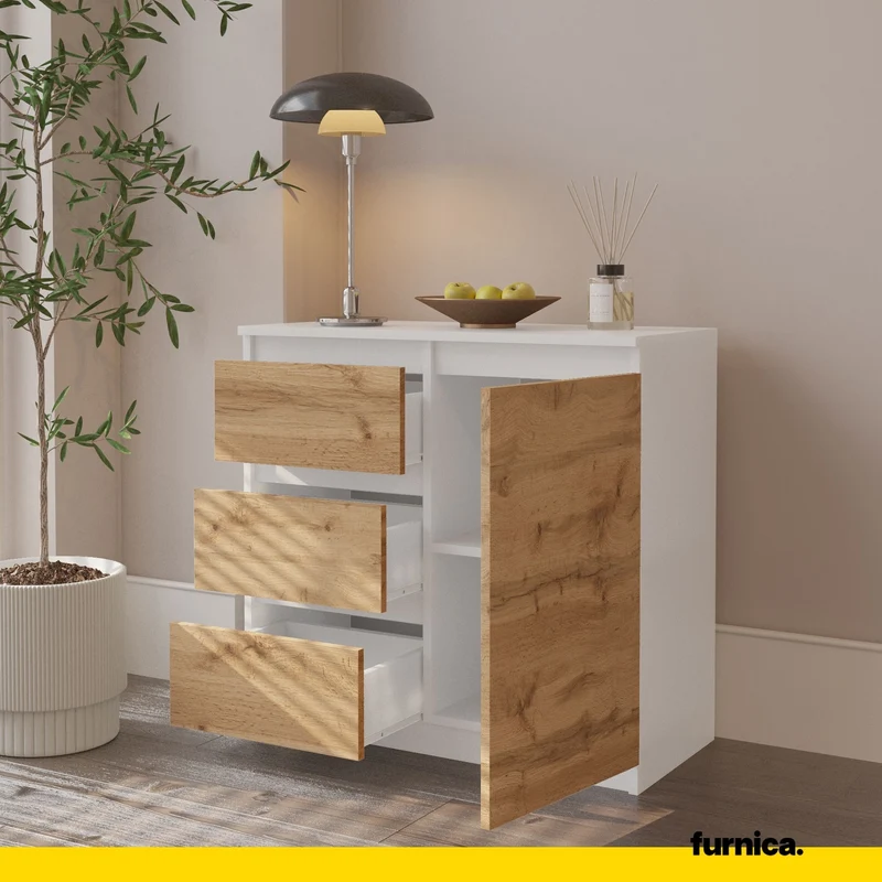 MIKEL - Commode 3 Tiroirs et 1 Porte - Armoire de Rangement pour Couloir/Chambre à Coucher - Buffet - H75cm L80cm P35cm (Blanc/Chêne Wotan)