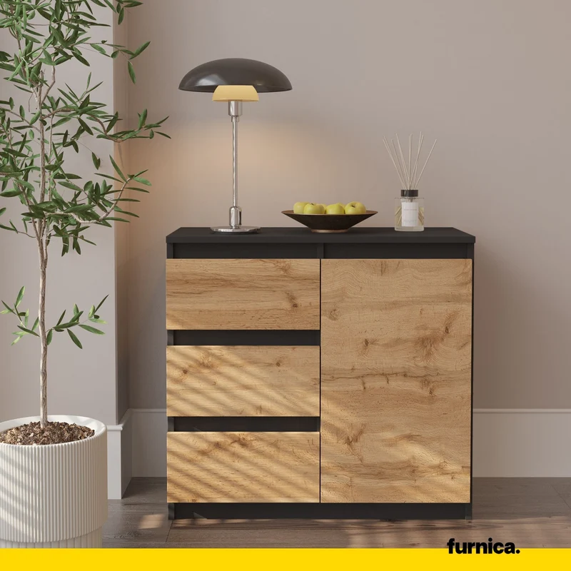 MIKEL - Commode 3 Tiroirs et 1 Porte - Armoire de Rangement pour Couloir / Chambre à Coucher - Buffet - H75cm L80cm P35cm (Anthracite / Chêne Wotan)