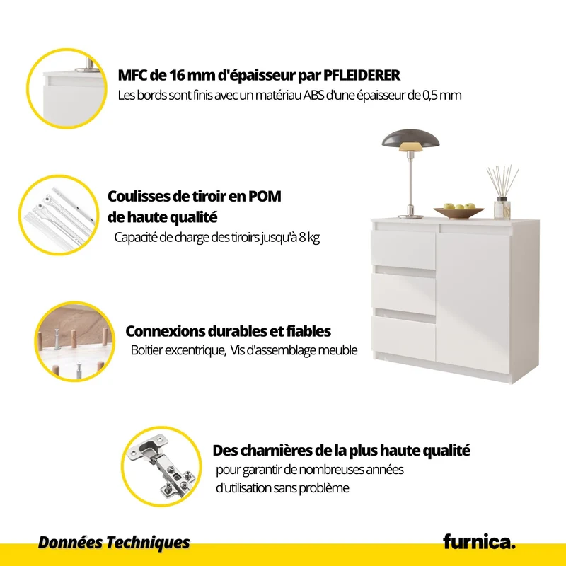 MIKEL - Commode 3 Tiroirs et 1 Porte - Armoire de Rangement pour Couloir/Chambre à Coucher - Buffet - H75cm L80cm P35cm (Anthracite/Blanc)