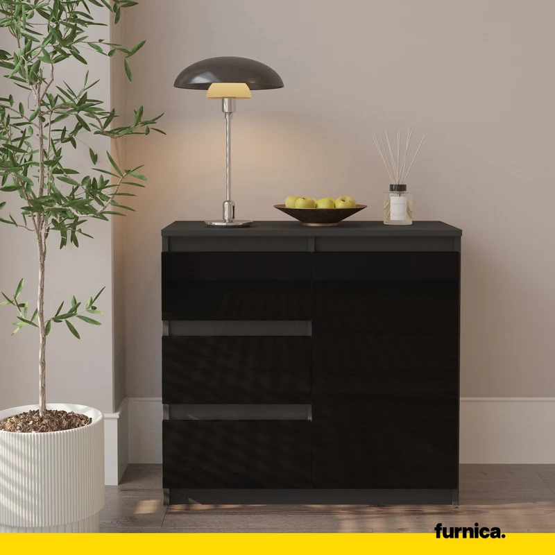 MIKEL - Commode 3 Tiroirs et 1 Porte - Armoire de Rangement pour Couloir/Chambre à Coucher - Buffet - H75cm L80cm P35cm (Anthracite/Noir Brillant)