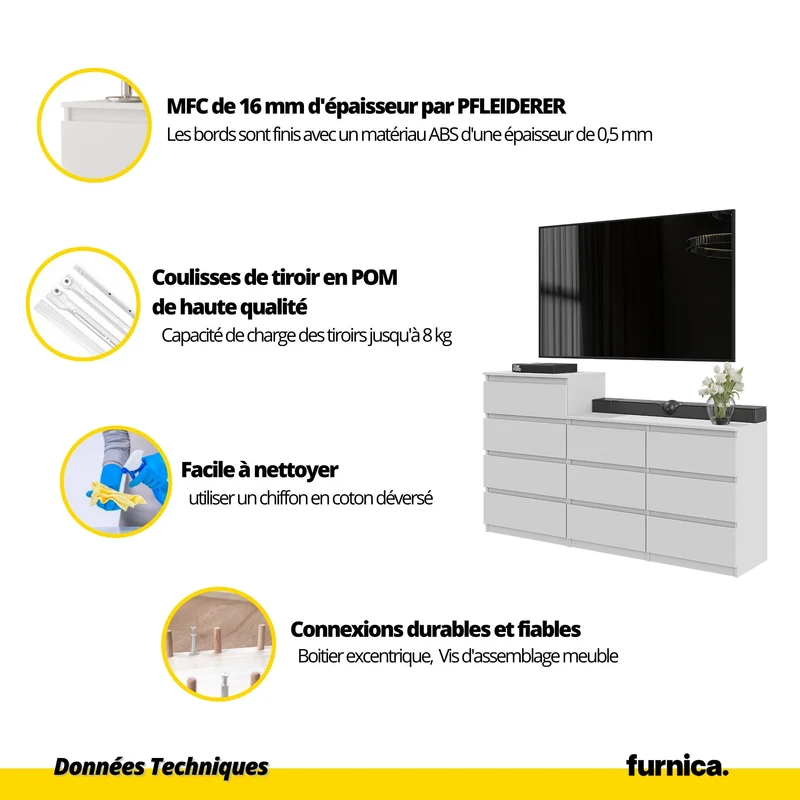 GABRIEL - Commode 10 Tiroirs (6+4) - H92/70 cm L160 cm P33 cm (Blanc)
