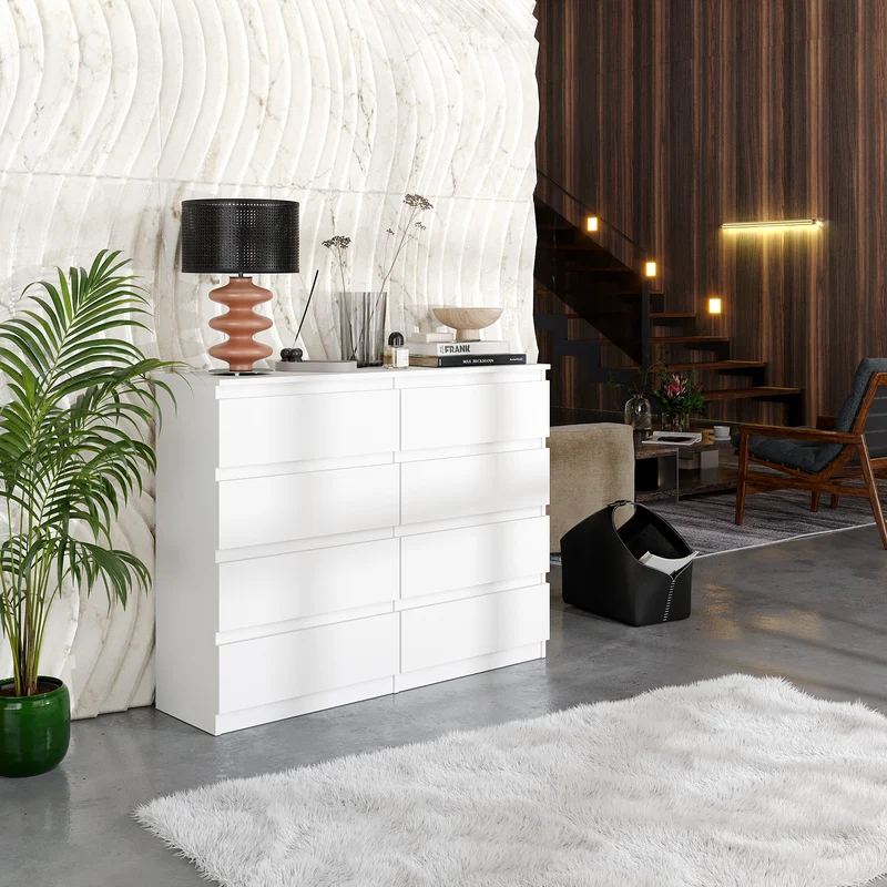 GABRIEL - Commode 8 Tiroirs - Buffet de Chevet - H92 cm L120 cm P33 cm (Blanc)
