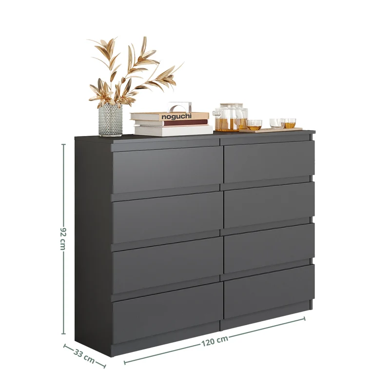 GABRIEL - Commode 8 Tiroirs - Buffet de Chevet - H92 cm L120 cm P33 cm (Anthracite)
