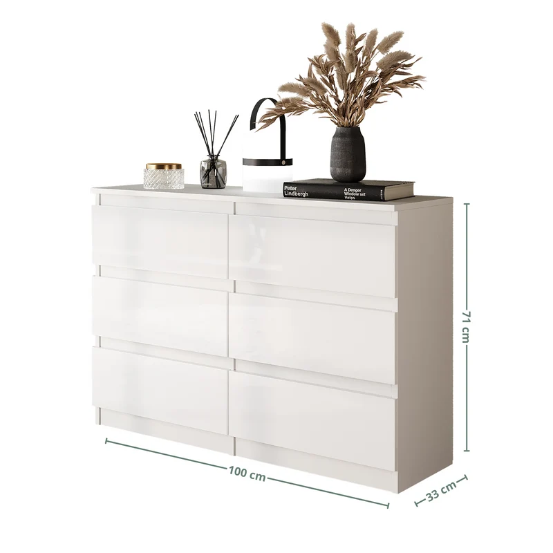 GABRIEL - Commode 6 Tiroirs - Buffet de Chevet - H71 cm L100 cm P33 cm (Blanc Mat / Blanc Brillant)