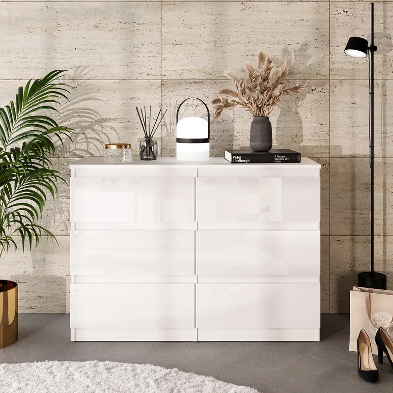 GABRIEL - Commode 6 Tiroirs - Buffet de Chevet - H71 cm L100 cm P33 cm (Blanc Mat / Blanc Brillant)