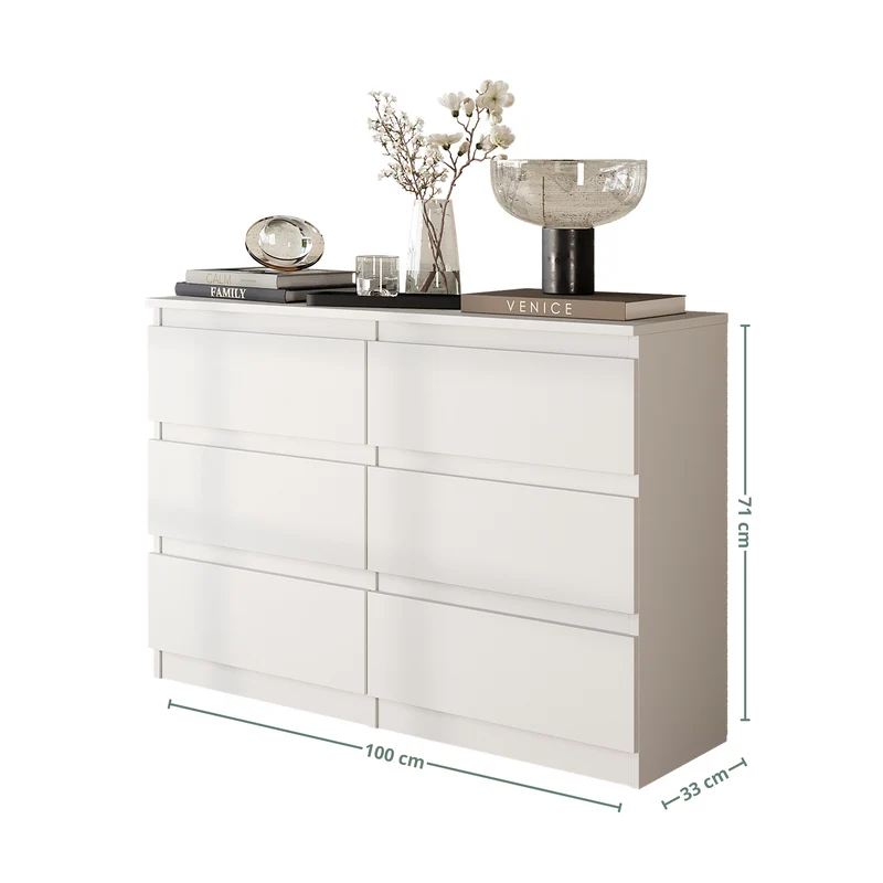 GABRIEL - Commode 6 Tiroirs - Buffet de Chevet - H71 cm L100 cm P33 cm (Blanc)