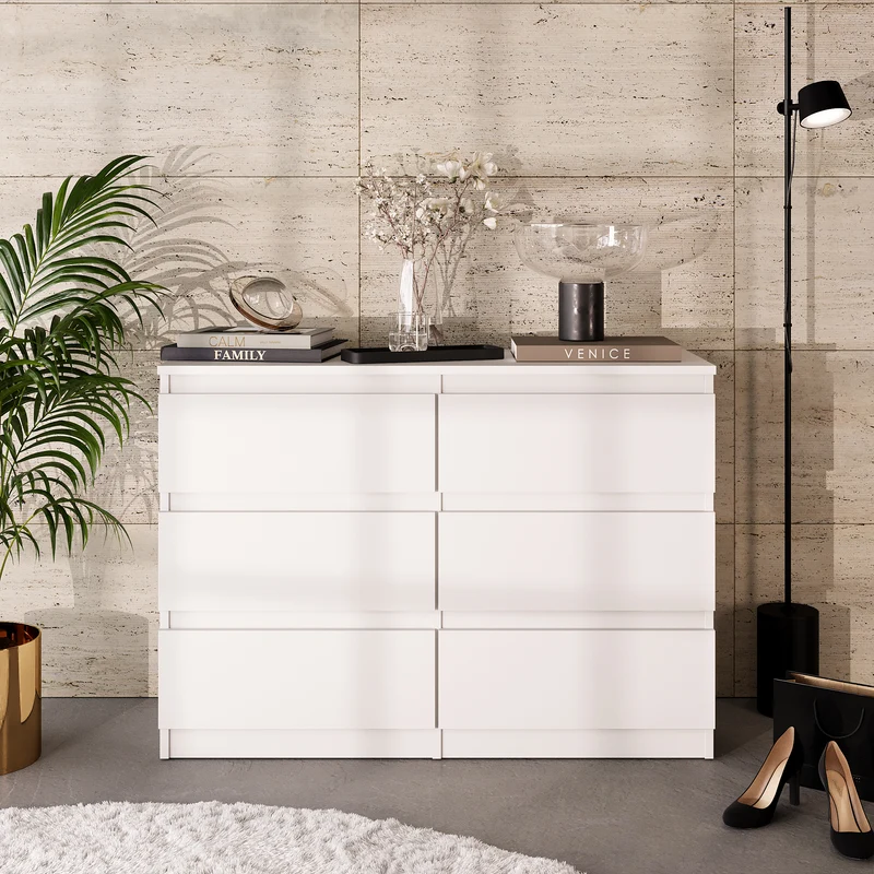 GABRIEL - Commode 6 Tiroirs - Buffet de Chevet - H71 cm L100 cm P33 cm (Blanc)