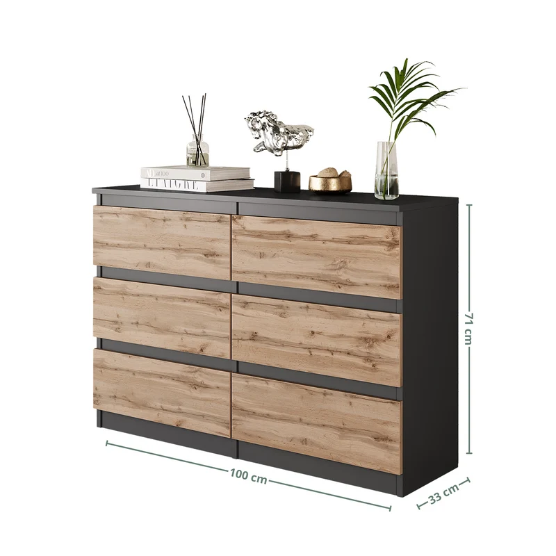 GABRIEL - Commode 6 Tiroirs - Buffet de Chevet - H71 cm L100 cm P33 cm (Anthracite / Chêne Wotan)