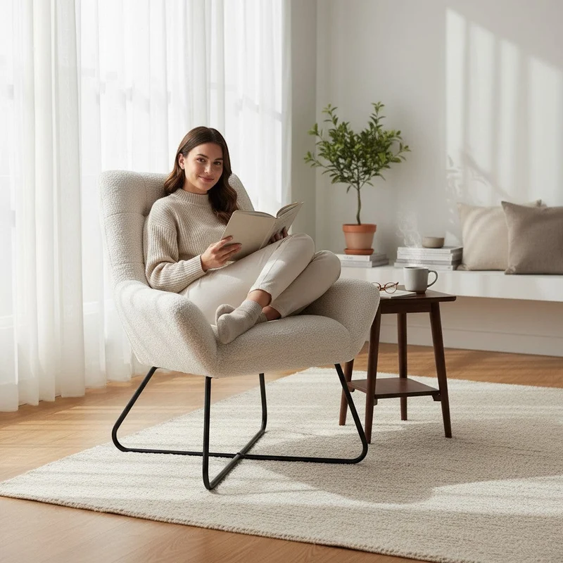 Fauteuil tissu effet laine bouclette blanc