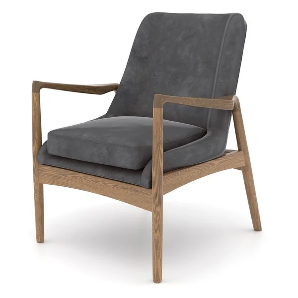 Fauteuil velours gris pieds frêne brûlé