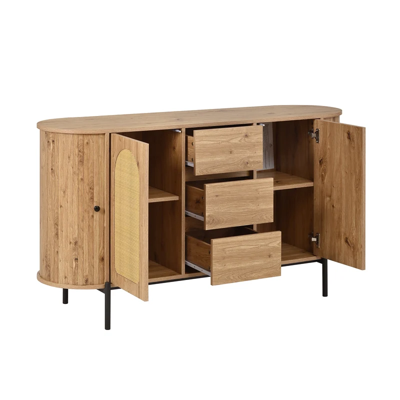 Buffet effet bois 2 portes en rotin et 3 tiroirs 140x 38x77,5cm BIRCHONE