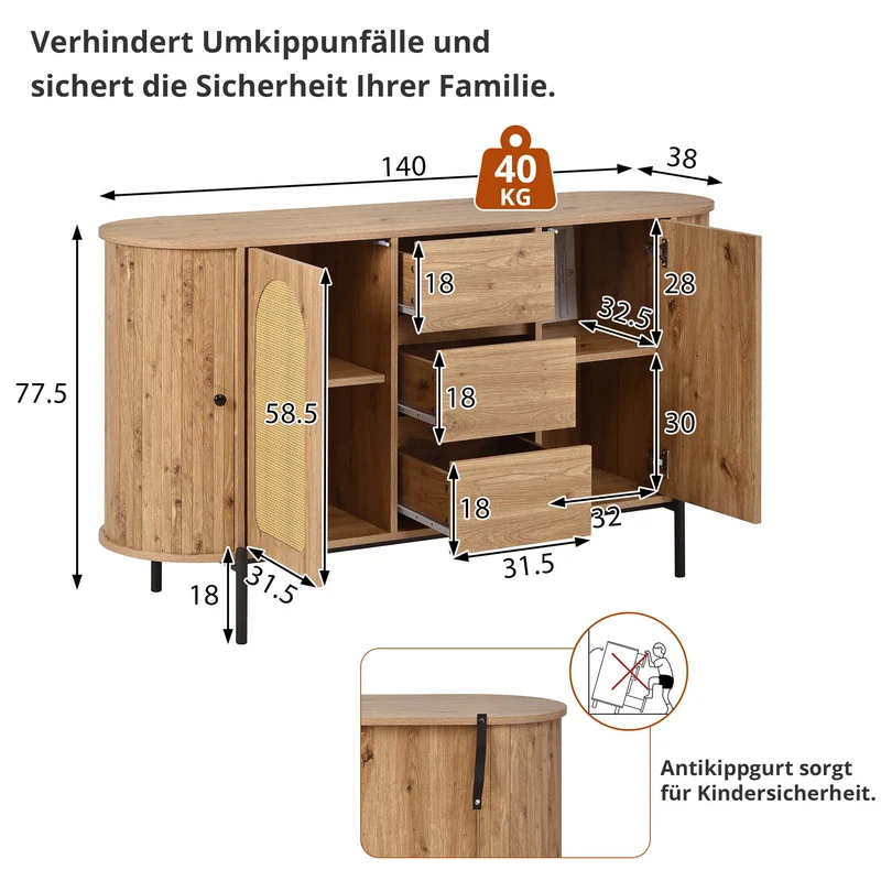 Buffet effet bois 2 portes en rotin et 3 tiroirs 140x 38x77,5cm BIRCHONE
