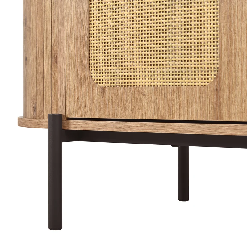 Buffet effet bois 2 portes en rotin et 3 tiroirs 140x 38x77,5cm BIRCHONE