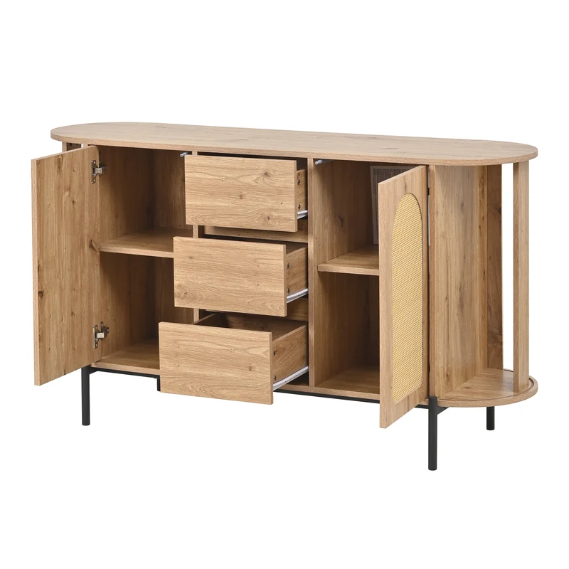 Buffet effet bois 2 portes en rotin et 3 tiroirs 140x 38x77,5cm BIRCHONE
