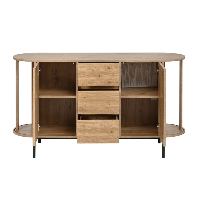 Buffet effet bois 2 portes en rotin et 3 tiroirs 140x 38x77,5cm BIRCHONE