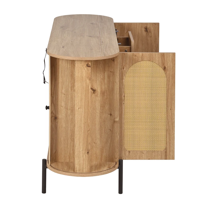Buffet effet bois 2 portes en rotin et 3 tiroirs 140x 38x77,5cm BIRCHONE