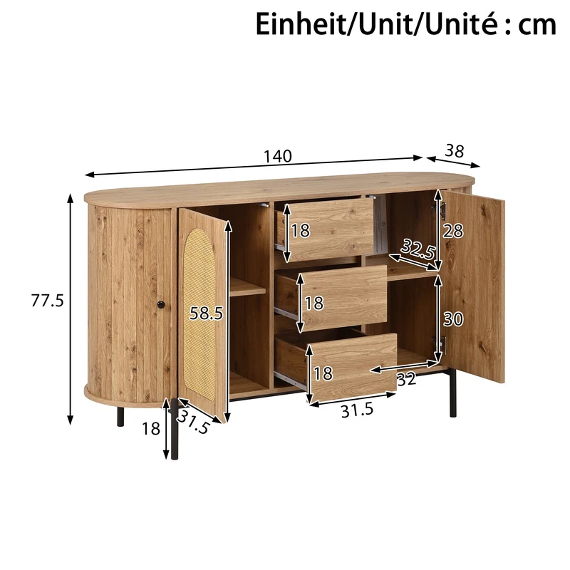 Buffet effet bois 2 portes en rotin et 3 tiroirs 140x 38x77,5cm BIRCHONE